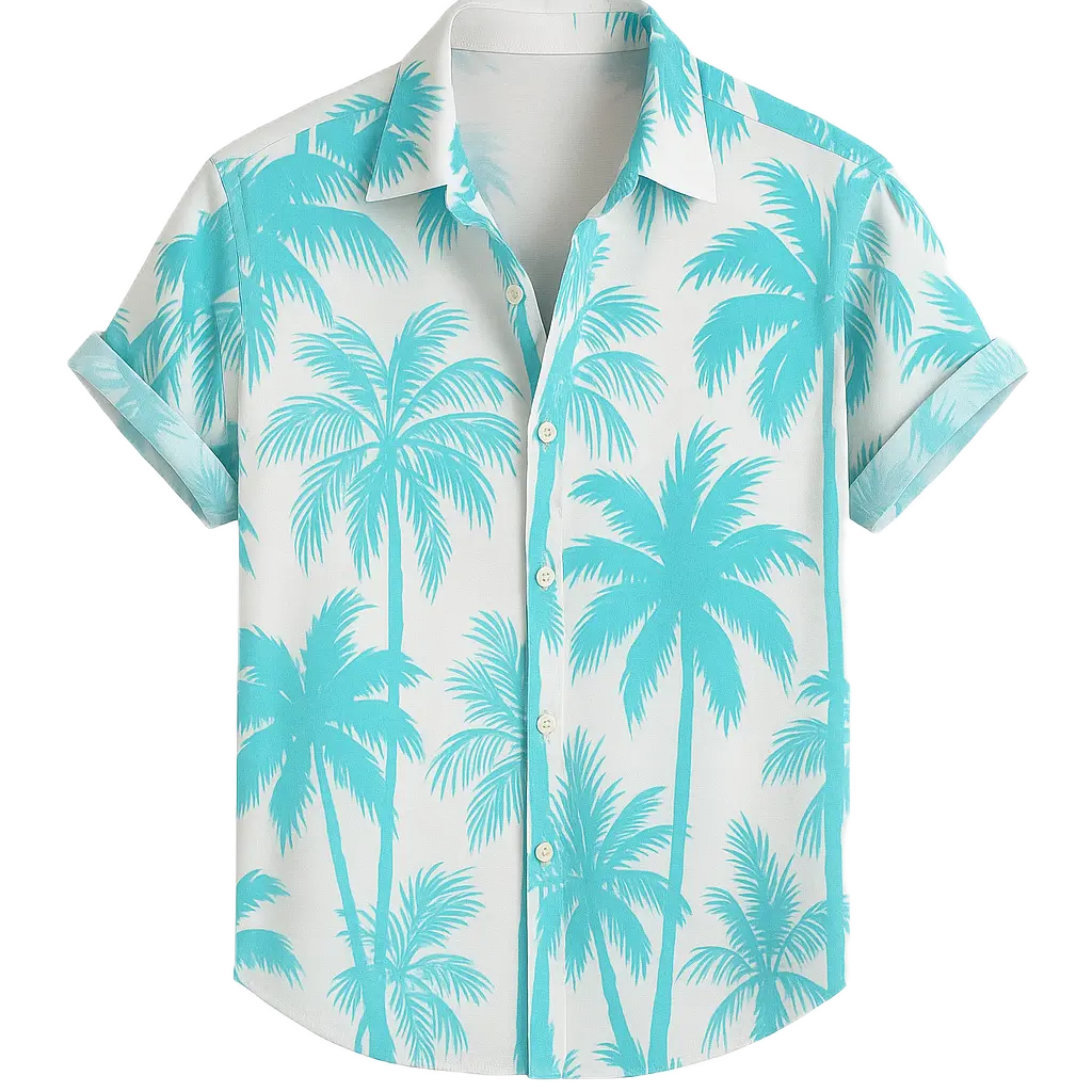 Men's Summer Palm Tree Printed Short Sleeve Casual Shirt, Vacation Style