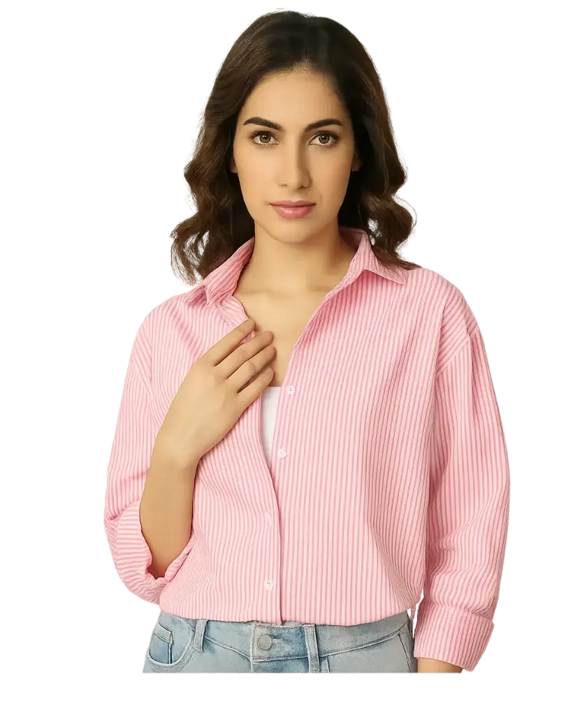 Women's Pink Striped Casual Button-Down Shirt – Stylish & Comfortable