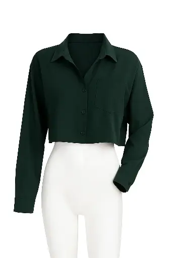Women's Elegant Dark Green Cropped Shirt with Pocket
