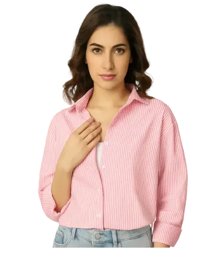 Women's Pink Striped Casual Button-Down Shirt – Stylish & Comfortable