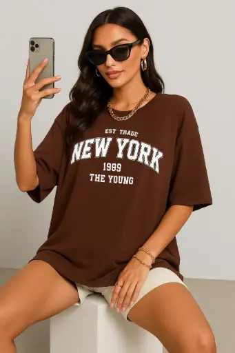 "Brown Oversized New York Graphic T-Shirt for Women – Trendy Streetwear Style"
